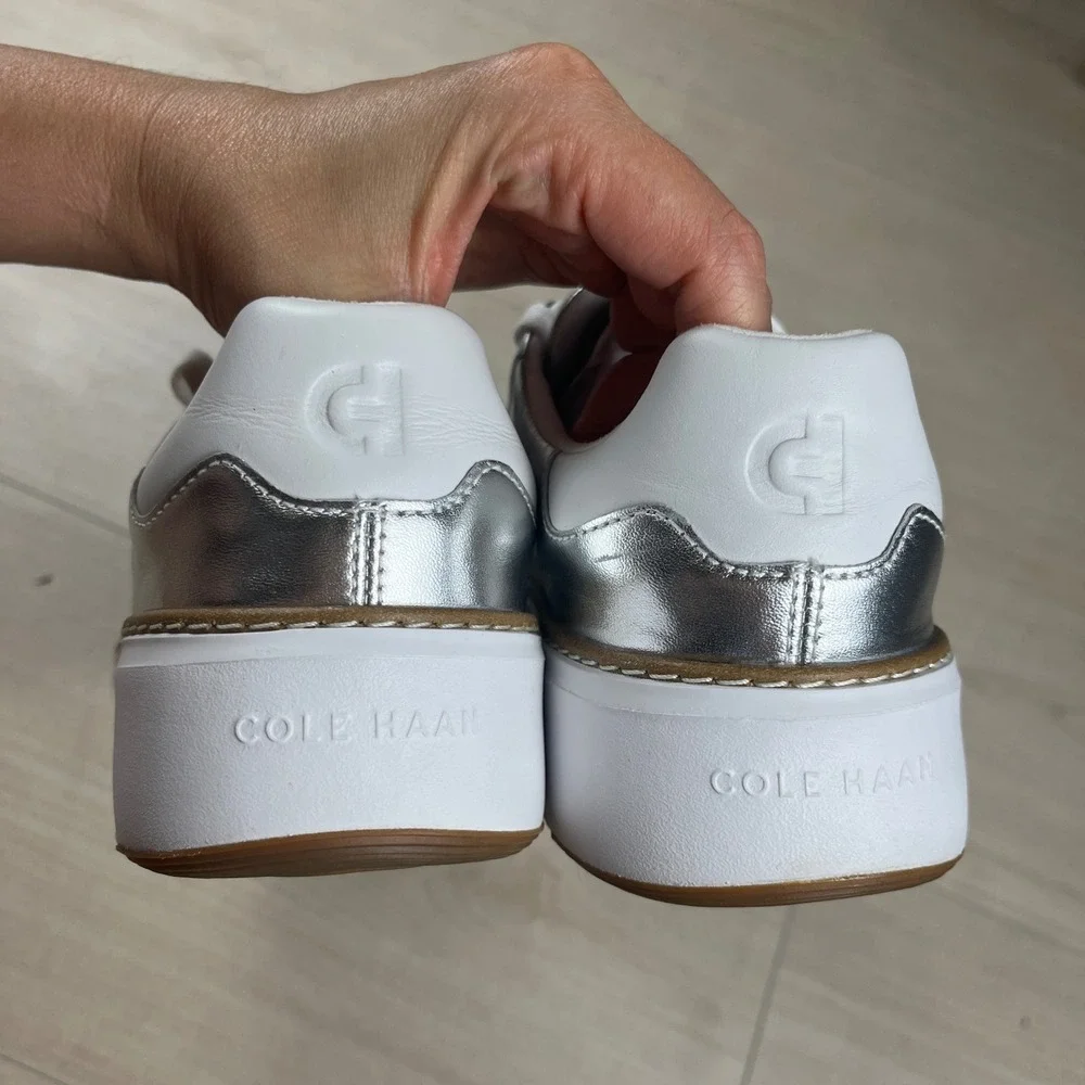 Cole Haan GrandPro Rally Court Metallic Silver Leather Platform Sneakers 7C